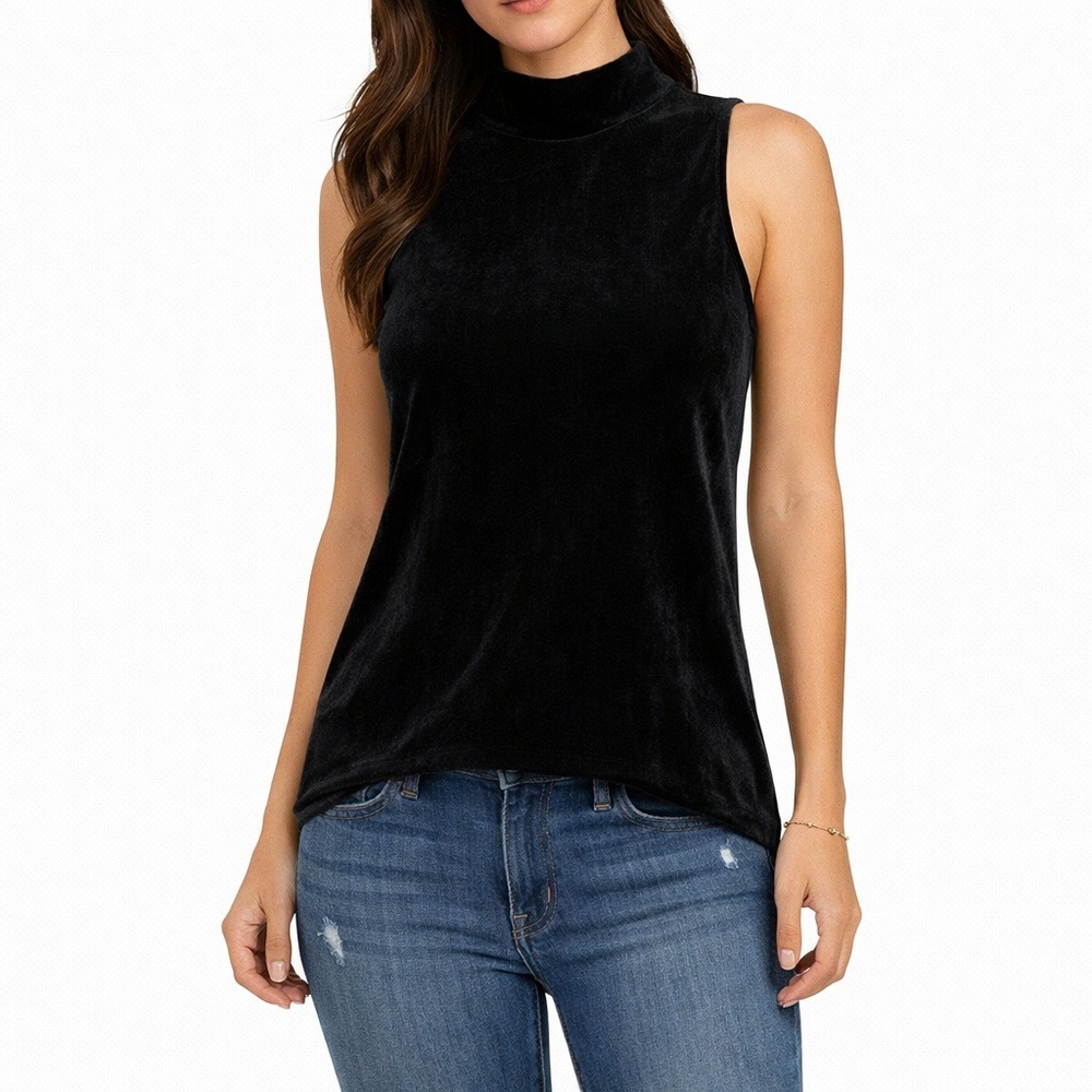 Dex Women's Sz S Mock Neck Tank Top Black Velvet Suede Pullover Sleeveless Shirt